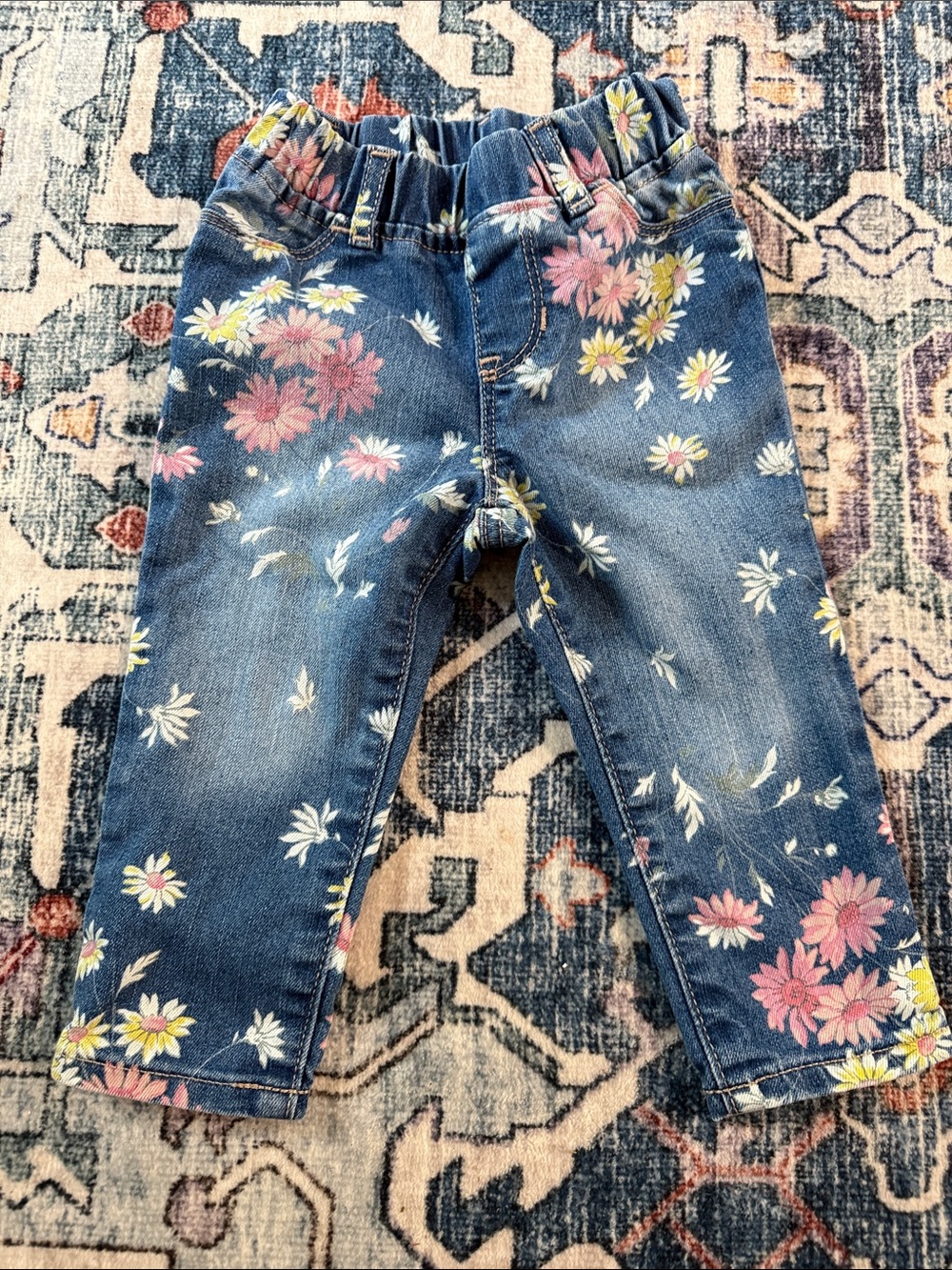 GAP Girls' Blue Denim Jeans with Pink, White and Yellow Floral Print
